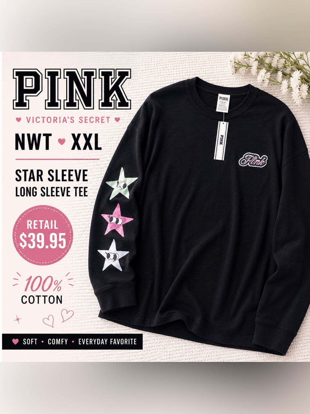 Victoria’s Secret PINK Star Sleeve Long Sleeve Tee NWT XXL